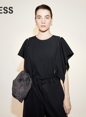 LESS夏季棉质衬衣女休闲挺阔分割袖圆领套头短袖衬衫2N4211990