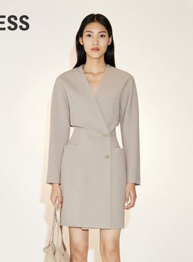 LESS春季绵羊毛裙子女修身V领长袖外套式西装连衣裙2N2G13040