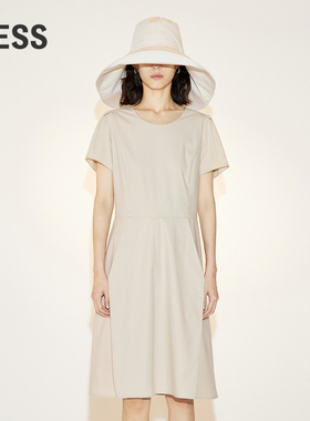 LESS夏季裙子女法式复古简约收腰圆领短袖连衣裙2N4G11730