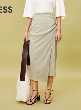 LESS夏气质休闲棉麻抽褶开衩半裙时尚摩登都市长款腰裙2O5D12040
