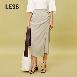 LESS夏气质休闲棉麻抽褶开衩半裙时尚摩登都市长款腰裙2O5D12040