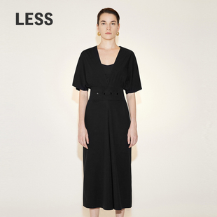 短袖 连衣裙2N4G23650 棉质裙子女简约气质V领宽松收腰长款 LESS夏季
