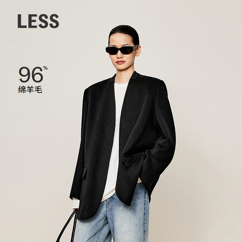 LESS冬绵羊毛简约优雅宽松外套时尚设计感立领毛呢大衣2O081