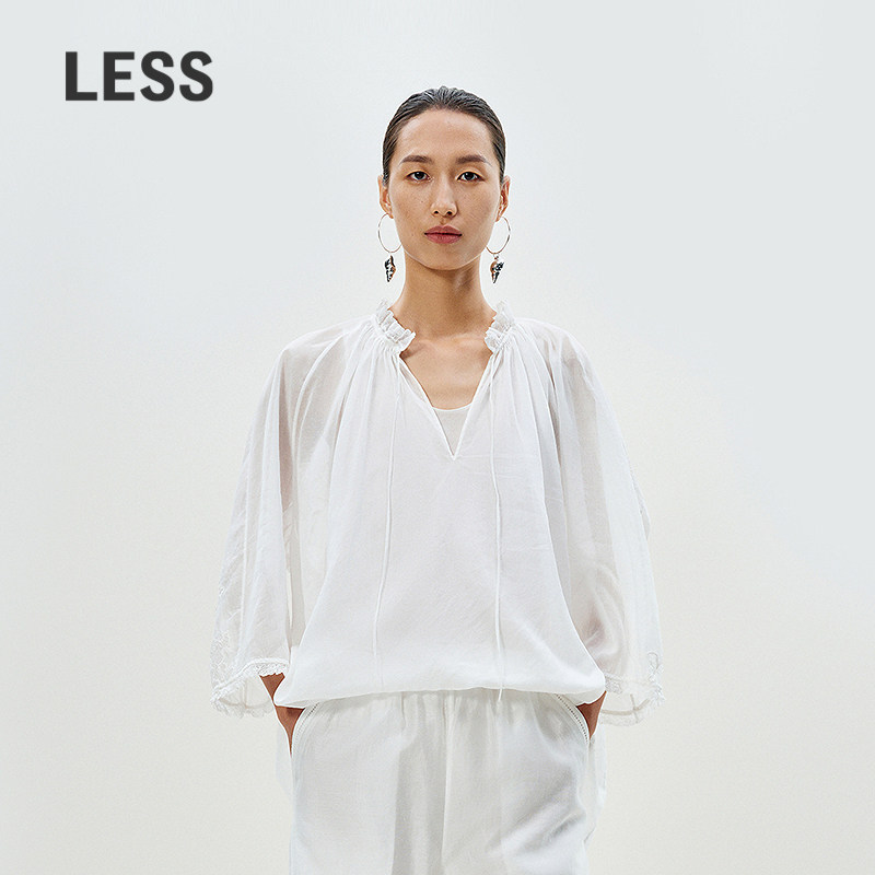 LESS春夏蕾丝拼接上衣女法式欧根纱七分袖两件套衬衫2P6220210