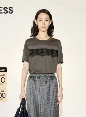 【精工系列】LESS夏季棉质T恤女黑色蕾丝提花短袖上衣2N511396A