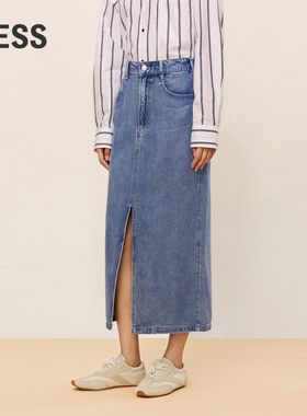 LESS天丝牛仔裙女休闲简约时尚显瘦经典开叉直筒半身裙2O6D1394H