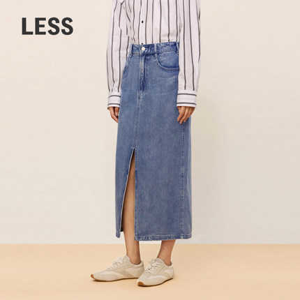 LESS天丝牛仔裙女休闲简约时尚显瘦经典开叉直筒半身裙2O6D1394H