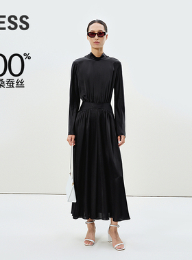 【商场同款】LESS2025年春新款桑蚕丝半高领长袖连衣裙2P1G12480