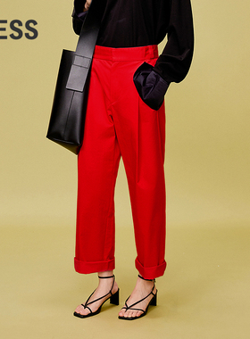 LESS春休闲通勤立体剪裁假口袋红色新年直筒显瘦长裤女2O1E10240