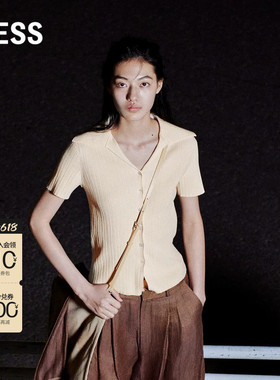 LESS夏季翻领条纹开衫女修身polo领短袖T恤针织衫2N631240K