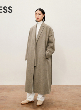 LESS秋A型简约宽松西装领外套时尚设计感系带长款呢大衣2O9810530