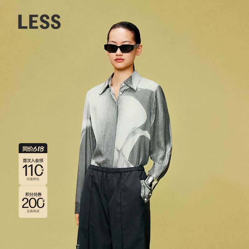 【精工系列】LESS春双层翻领艺术感拓印花桑蚕真丝衬衫2O321