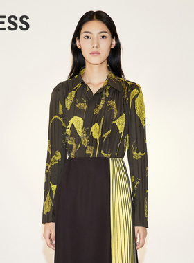 LESS春季衬衣女复古休闲海百合印花衬衫2N2214100