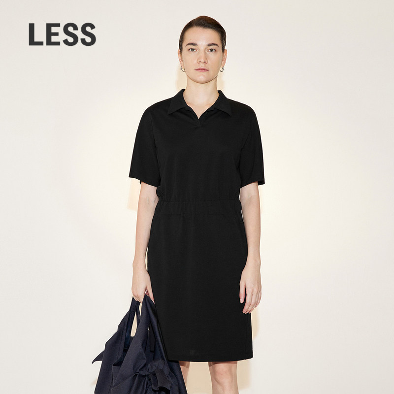 LESS夏季棉质裙子女休闲简约翻领松紧收腰短袖连衣裙2N6G13