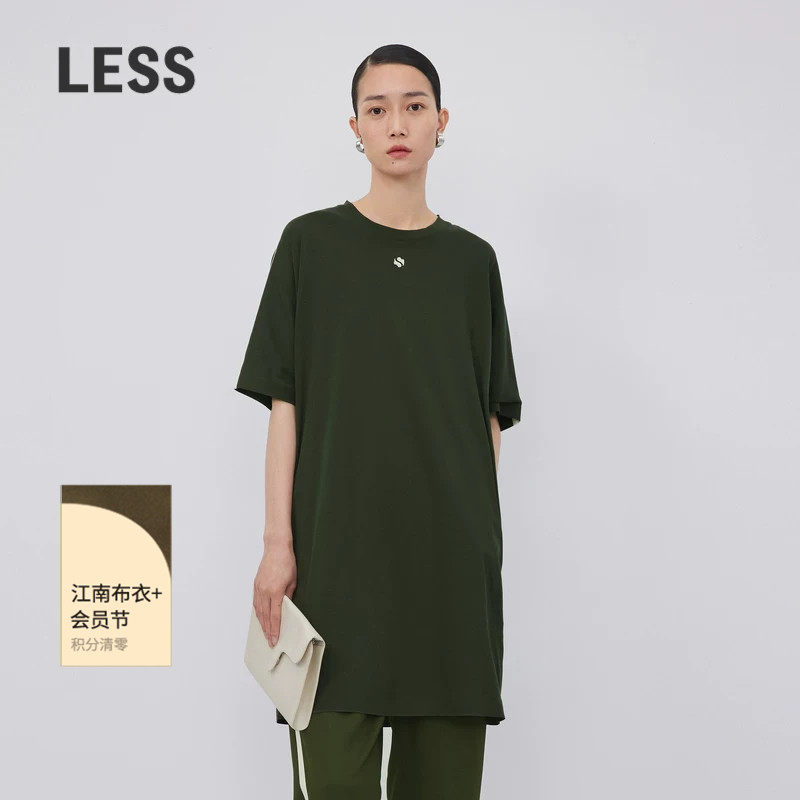 LESS春秋裙子女休闲宽松直筒圆领短袖T恤连衣裙2N7G1080