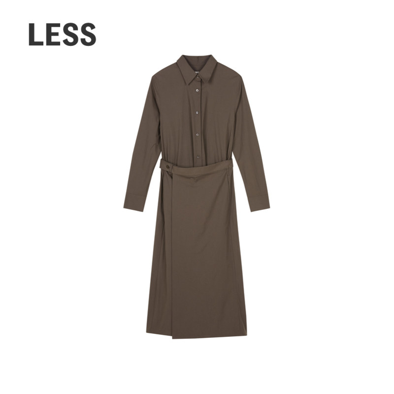 LESS秋含棉休闲简约长袖连衣裙收腰系带通勤风长裙女2O8G14