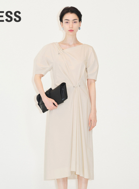 LESS新中式连衣裙复古泡泡袖宽松赫本风气质短袖裙子2M7G12630