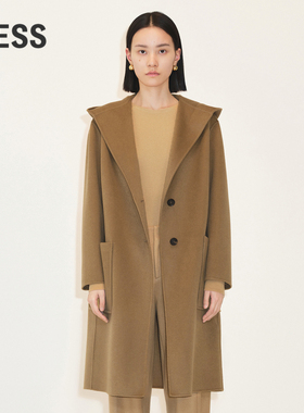 LESS冬季阿拉善白山羊绒大衣女复古连帽长款毛呢外套2MA814370