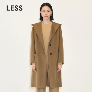 LESS冬季 毛呢外套2MA814370 阿拉善白山羊绒大衣女复古连帽长款