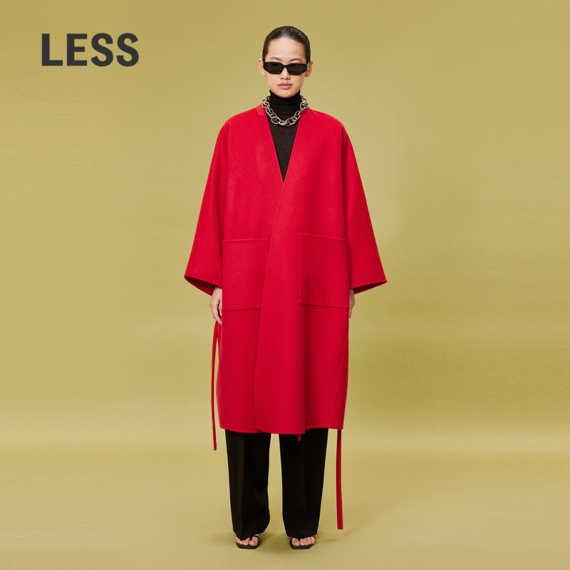 LESS春大衣外套红色新年大口袋绵羊毛长款毛呢大衣女2O1813010,女装/女士精品,毛呢外套,淘宝优惠券,粉丝福利购,淘宝优惠卷