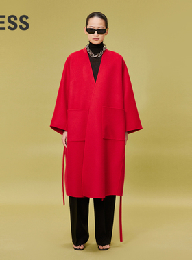 LESS春大衣外套红色新年大口袋绵羊毛长款毛呢大衣女2O1813010