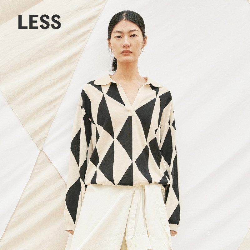 【精工系列】LESS春秋针织衫女几何撞色嵌花polo领毛衫2N8310850