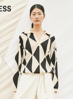 【精工系列】LESS春秋针织衫女几何撞色嵌花polo领毛衫2N8310850