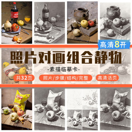 8开照片对画素描组合静物临摹卡步骤到完整结构明暗写生创意卡片艺考校考高级入门教材基础教程