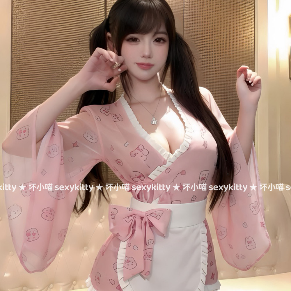 日系粉色透视和服女仆连衣短裙