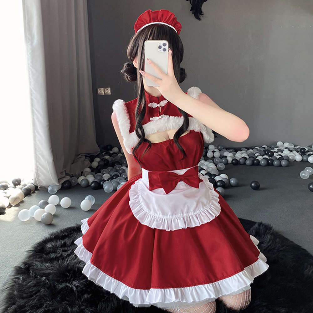 性感纯欲红色中华风女仆制服秋冬
