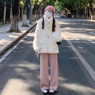 小香风2025新款 獭兔毛加厚牛角扣 皮草羊羔毛外套女皮毛一体秋冬季