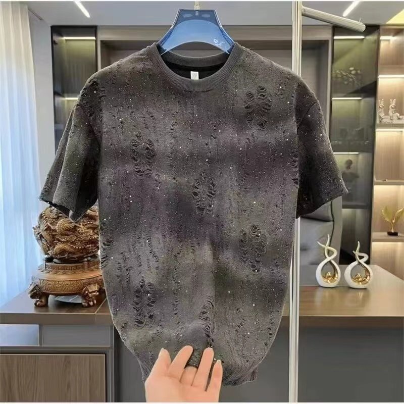 2025新款潮流气质烫钻破洞满天星T恤短袖男士夏季痞帅网红同款t恤,男装,T恤,淘宝优惠券,粉丝福利购,淘宝优惠卷