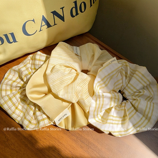 Raffia柠檬黄超大号元气大肠发圈韩国格纹丸子头低马尾发饰头圈