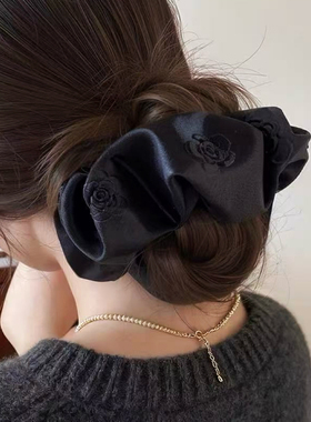 Raffia浮雕山茶花多色选大肠发圈缎面低马尾发绳扎丸子头韩式发饰