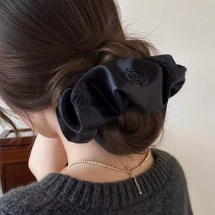 Raffia浮雕山茶花多色选大肠发圈缎面低马尾发绳扎丸子头韩式发饰