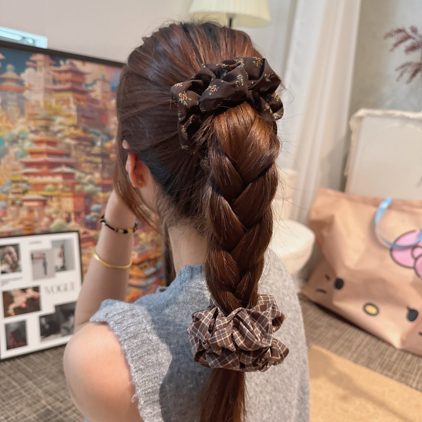 格纹碎花棕色系复古中号发圈