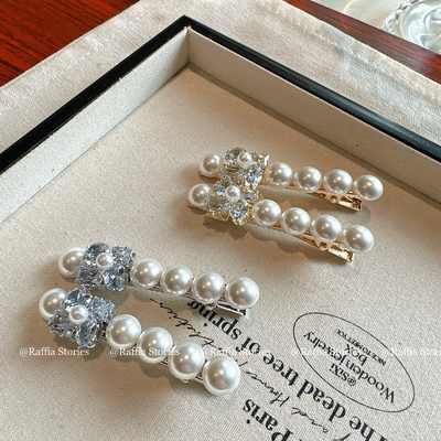 Raffia温婉气质韩国珍珠侧边夹刘海夹优雅鸭嘴夹闪钻一字发夹