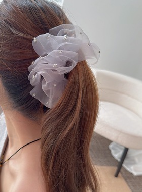 Raffia韩国褶皱网纱香蕉夹水钻温柔气质欧根纱马尾夹头饰竖夹发饰