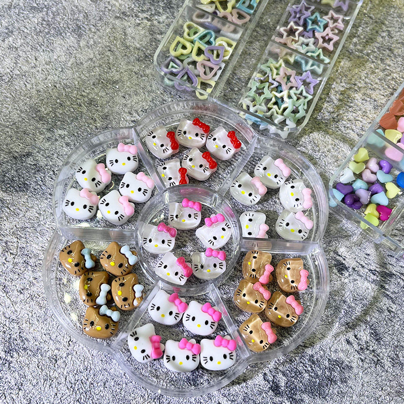 新款kitty凯蒂猫彩色镂空细闪五角星爱心美甲饰品卡通材料包猫头