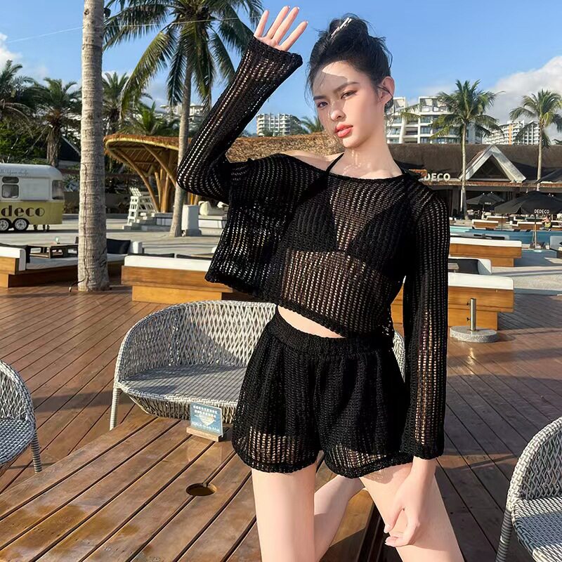 【苏格之恋】游泳衣女分体比基尼三件套长袖罩衫蕾丝温泉网红泳装