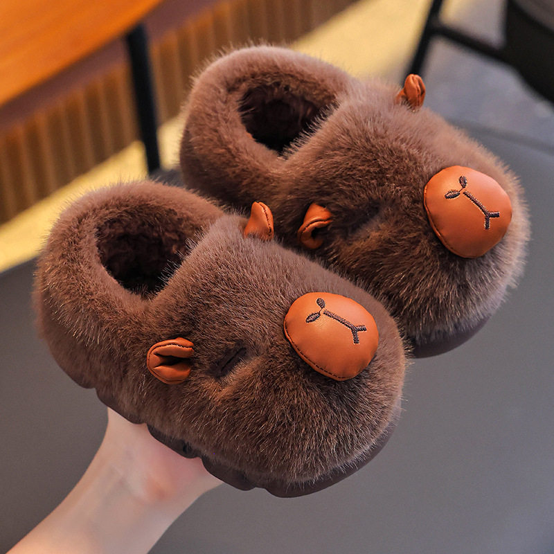 卡皮巴拉冬季儿童包跟棉鞋男女童保暖加绒毛毛厚底亲子小孩棉拖鞋