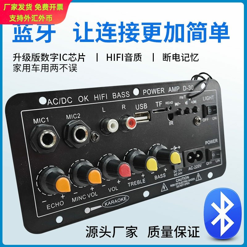 定制 数字插卡蓝牙10寸220V三用车载带混响可接麦克MIC功放板