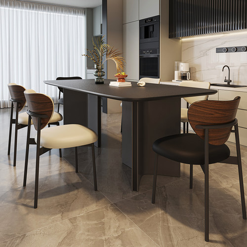 意式简约现代黑色新款火烧石岩板餐桌椅组合长方形复古小户型家用