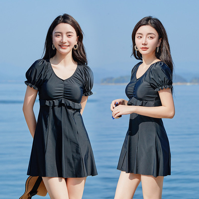 夏季泳装批发女士V领短袖高腰连体泳衣游泳涉水沙滩裙现货批发