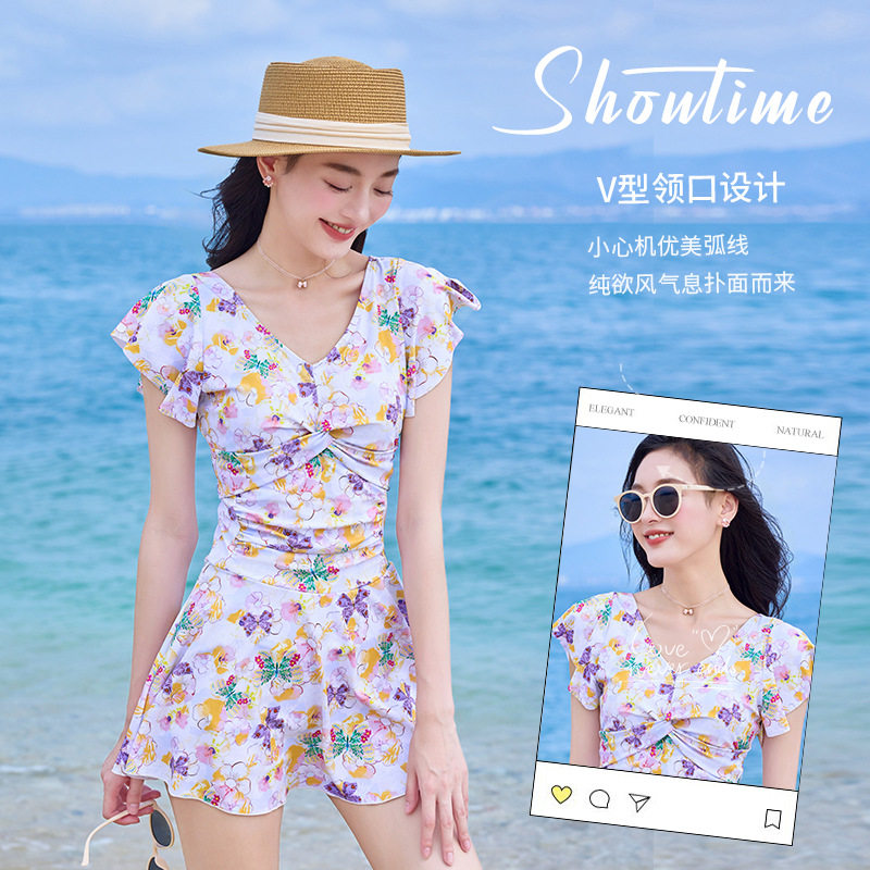 显瘦辣妹装性感泳衣女露背碎花游泳衣批发海边度假仙女泳装带