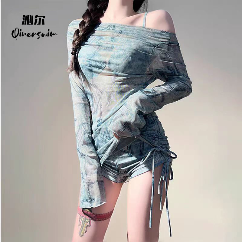 泳衣女款分体三件套装辣妹长袖罩衫平角抽褶短裤比基尼遮肉泳衣