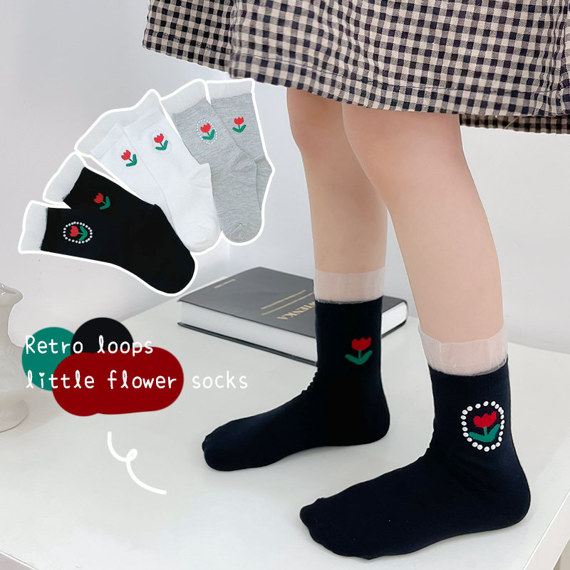 儿童袜子春夏女童中筒袜蕾丝花边公主袜黑色白色女孩宝宝棉袜短袜