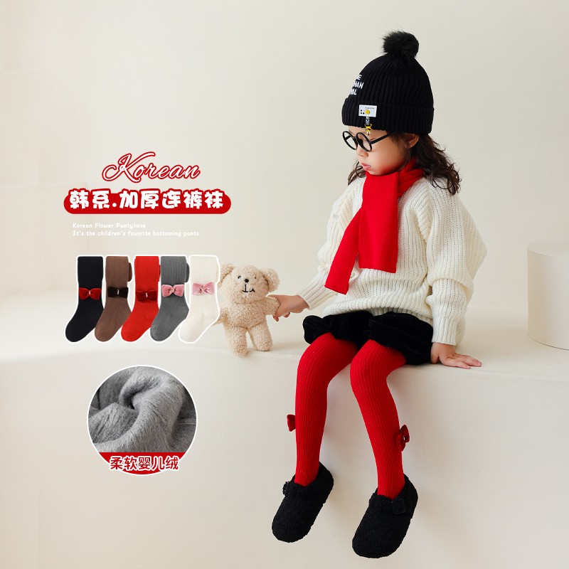 女童红色冬季薄绒连裤袜