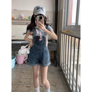 美式复古卷边破洞牛仔背带裤女夏季百搭显瘦显腿长辣妹短裤热裤子