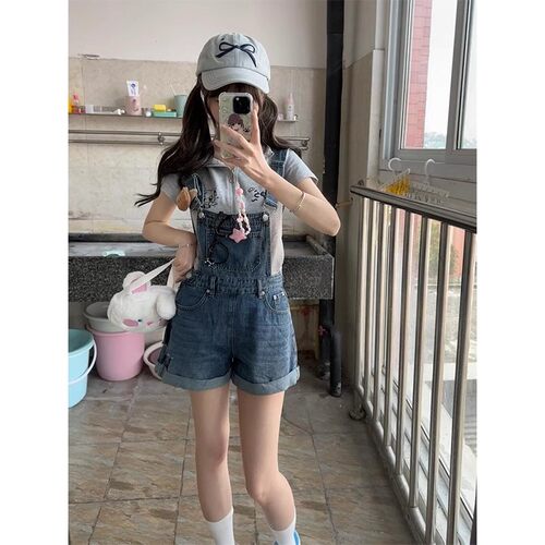 小个子卷边牛仔背带短裤女显腿长